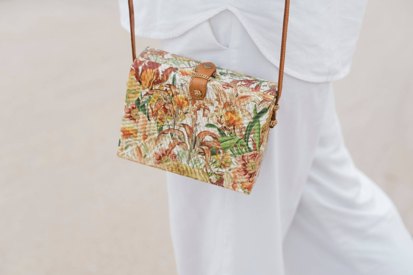 Rectangle Rattan Shoulder Bag Vibrant Flower