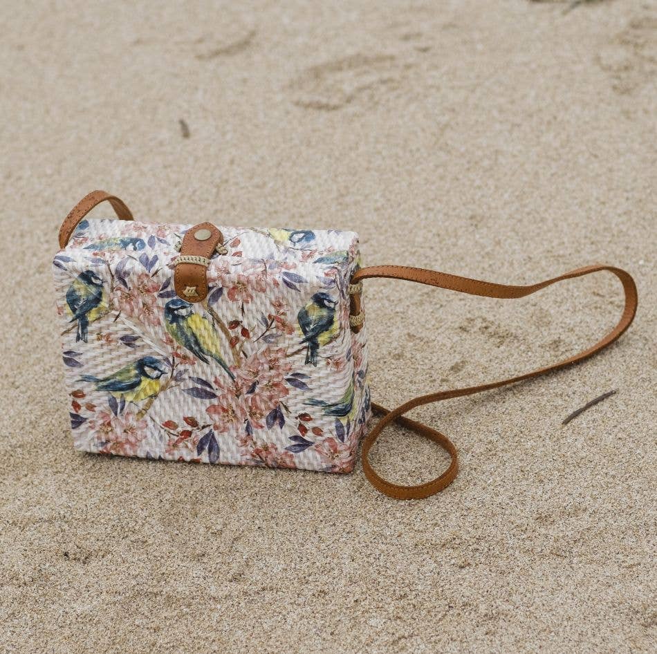 Rectangle Rattan Shoulder Bag Blue Birds