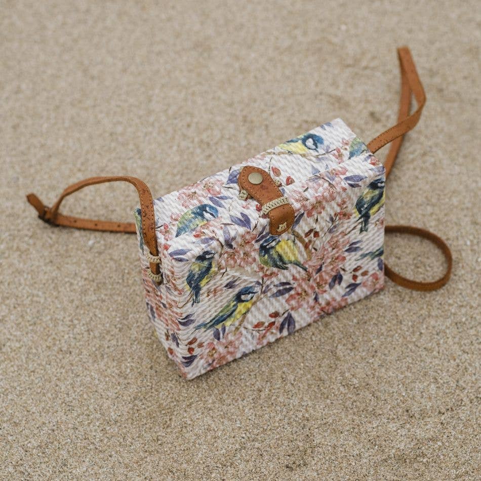 Rectangle Rattan Shoulder Bag Blue Birds