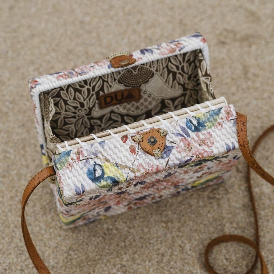 Rectangle Rattan Shoulder Bag Blue Birds