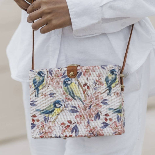 Rectangle Rattan Shoulder Bag Blue Birds